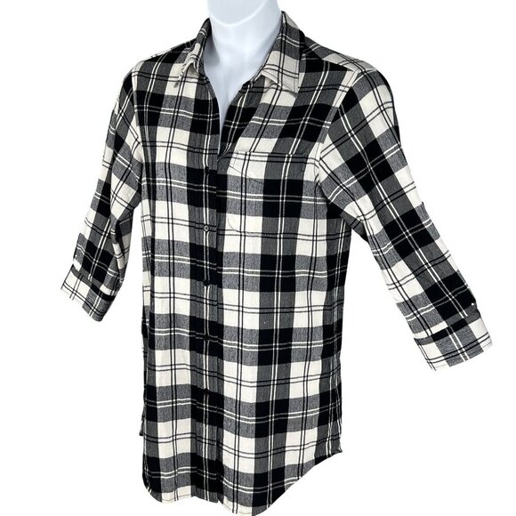 Theory Women 10 Black White Tartan Plaid Button Up Tunic Shirt Virgin Wool Blend - Picture 5 of 15